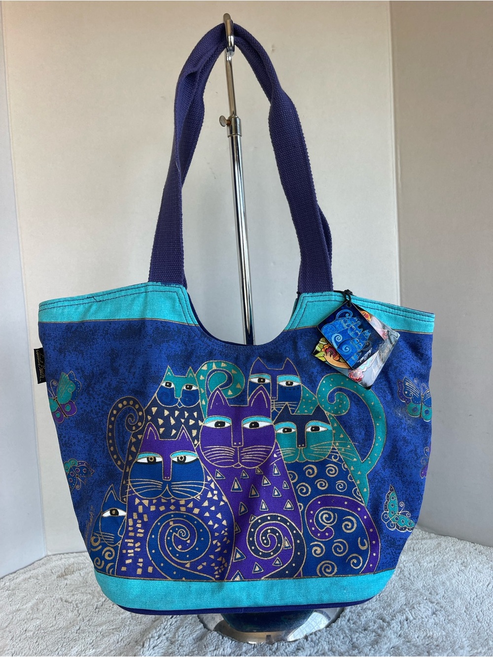 Laurel Burch Blue Purple CATS Scoop Canvas Bag New